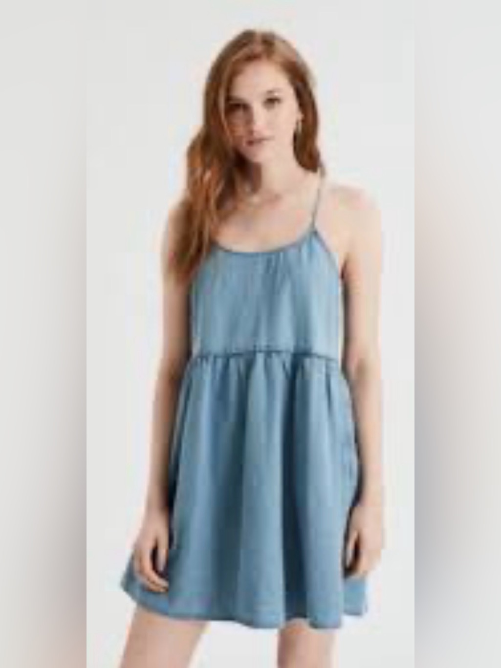 American Eagle Light-Wash Denim Babydoll Mini Dress.